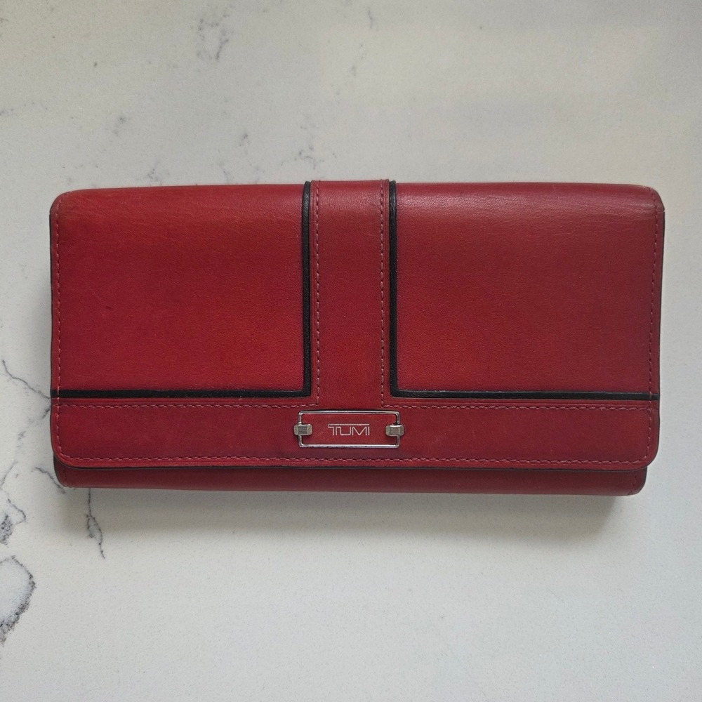 Tumi Red Leather Continental Wallet Clutch RFID Lock Black Trim Snap Closure